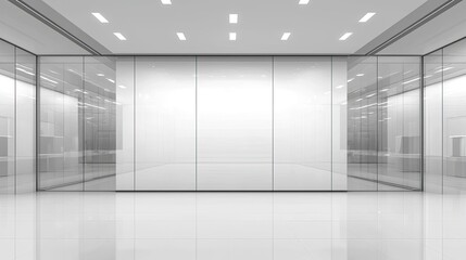 Modern, minimalistic office interior with glass walls and bright lighting, ideal for corporate use