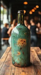 Antique Wine Bottle On Rustic Wooden Table In Cafe