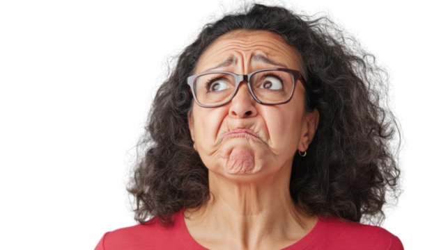 Confused senior woman looking up with puzzled face expression on transparent background