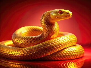 Fototapeta premium Golden serpent, a Chinese zodiac symbol, slithers across a red background, embodying Lunar New Year's mythical power.
