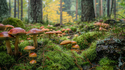 Overgrown Forest Scene with Fungi and Lush Moss on the Ground