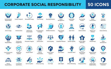 Corporate Social Responsibility icons set with environmental responsibility, carbon footprint, renewable energy, tree planting, recycling initiative, waste management icon. Simple flat vector 
