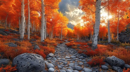 Vibrant autumn forest with orange leaves, rocky path, and dramatic cloudy sky at sunset