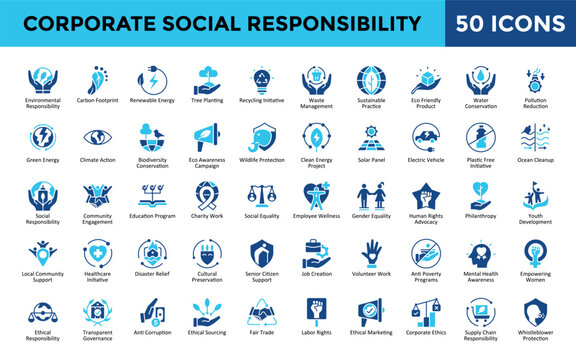 Corporate Social Responsibility icons set with environmental responsibility, carbon footprint, renewable energy, tree planting, recycling initiative, waste management icon. Simple flat vector 
