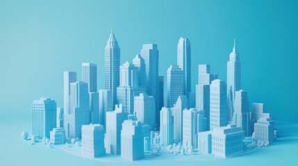 Fototapeta premium Stylized 3D model of a city skyline, light blue. Illustrates urban development, modern architecture, or city planning concepts.
