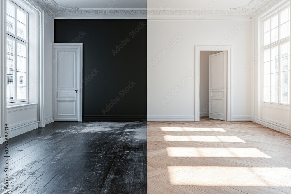 Poster contrast of old dark interiors and bright modern design in room transformation project. generative a