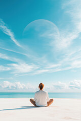 Fototapeta premium Solitary mindfulness practice with ocean and clouds in the background