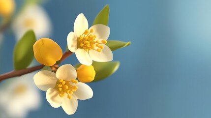 Obraz premium a branch with yellow and white flowers on it and a blue sky background