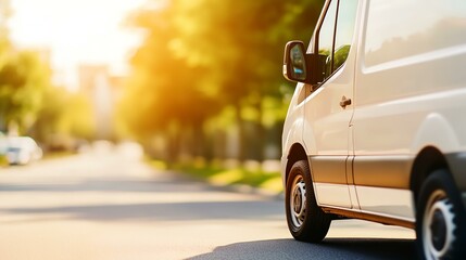 Fototapeta premium A white van is parked on the side of the road