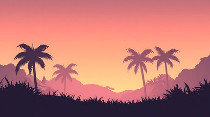 Silhouetted Palm Trees at Sunset Over Rolling Hills