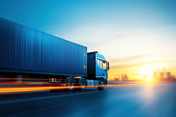 blue truck speeds along highway at sunset, symbolizing fast and efficient transportation. blurred motion and vibrant colors convey sense of urgency and modern logistics