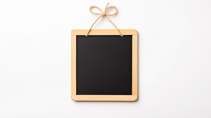 Blank chalkboard hanging with rope against a white background, ready for creative messages