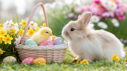 Bunny and Chick Together: A fluffy bunny and a small yellow chick sitting next to a basket of Easter eggs, surrounded by spring flowers.
