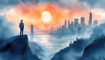 Man Admiring Distant Cityscape Bridge at Sunrise View