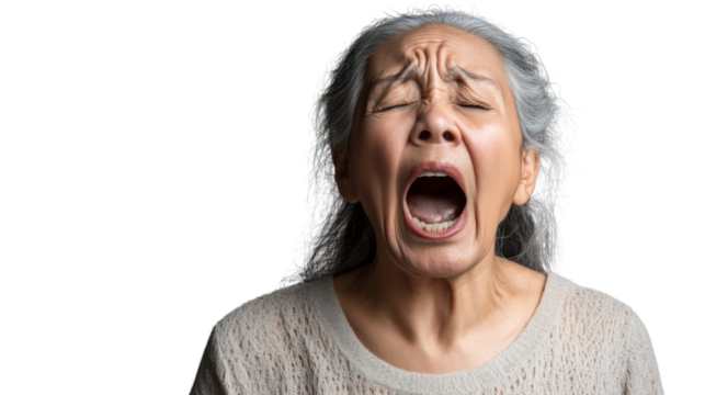 Senior woman screaming with transparent background: expressing extreme emotion
