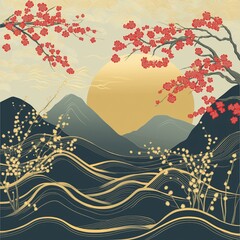 和柄デザイン 波模様と山々に囲まれた桜の木