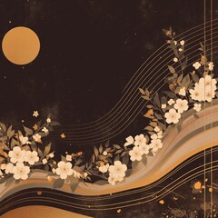 花と波模様が美しい和風背景イラスト