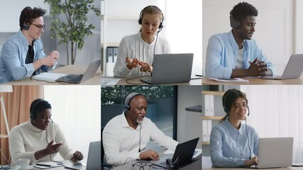 A diverse group of six individuals participates in virtual meetings from their home office setups