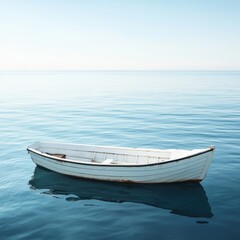Naklejka premium Solitude on the Calm Sea: A lone white rowboat floats serenely on a tranquil ocean, reflecting the peaceful sky.