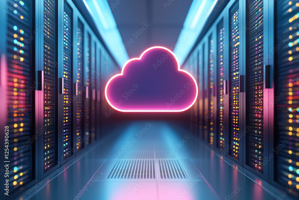 Aufkleber glowing neon cloud icon hovers in modern data center, symbolizing cloud computing and digital storag