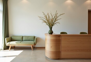 Minimalist Coastal Reception Desk: Light Oak, Peonies, Soft Cream & Sage Green Accents, White Walls, Brightly Lit, Vogue Living Inspired, 5-Star Hotel Interior

