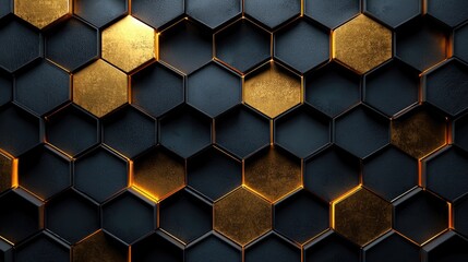 Abstract hexagonal pattern with gold accents on a dark background, creating a modern aesthetic