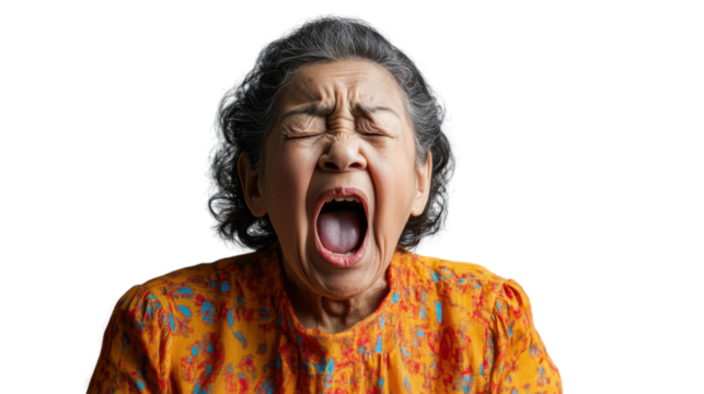 Senior woman shouting with eyes closed on transparent background