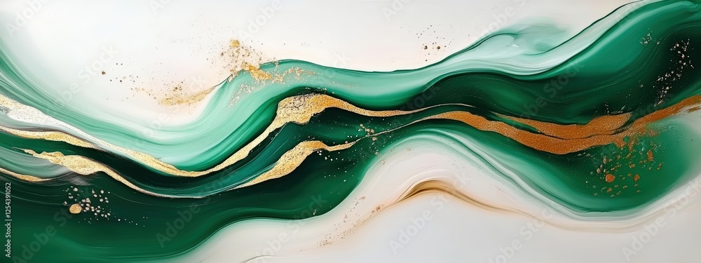 Poster abstract fluid art texture banner backdrop with green and gold waves creating a visual harmony for m