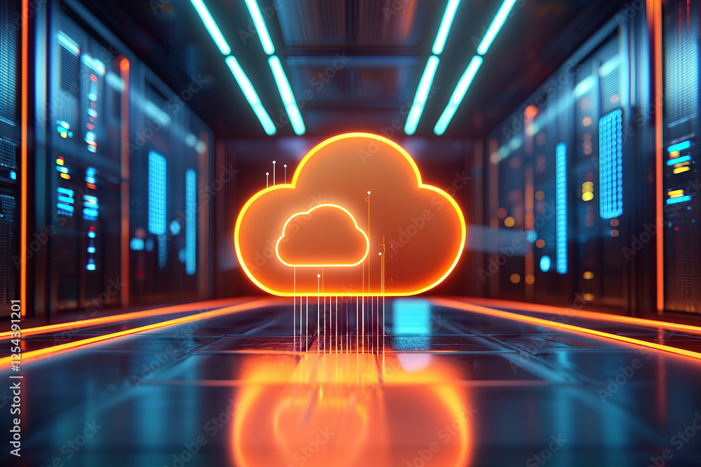 Poster glowing orange cloud icon in futuristic data center represents digital connectivity and cloud comput