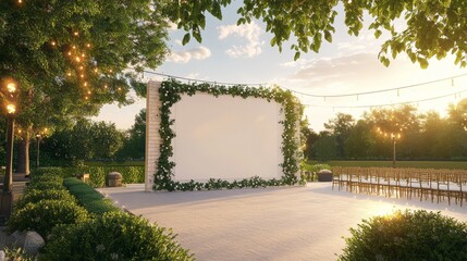 33.A 3D rendering of a large white wedding board featuring a beautifully designed seating chart template, adorned with greenery, set in a picturesque outdoor venue with string lights.