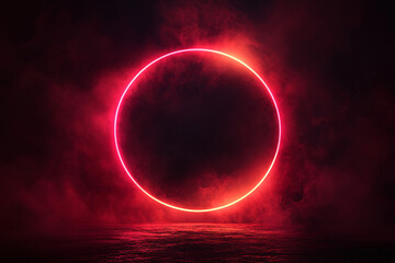 red neon circle light abstract background with smoke and glowing lights  empty studio room  grunge wall and floor 3d render