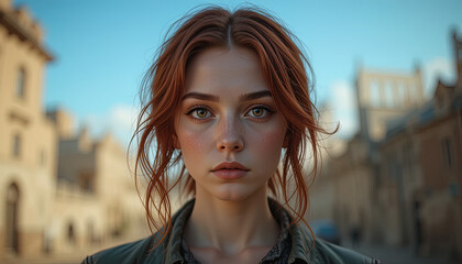 Obraz premium Close-Up Portrait of a Fictional Person with Red Hair and Earnest Eyes