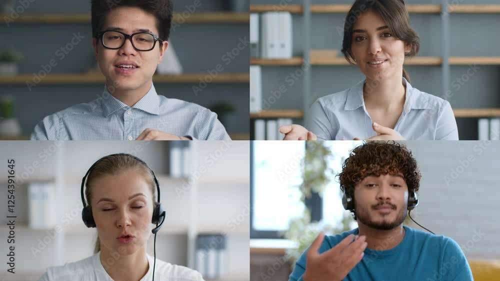Poster four people participate in a video call, each in their own workspace. they express engagement and co