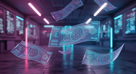 Dinheiro Digital Futurista com Hologramas e Criptomoedas