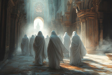 Image of unidentified saints with robes made of white cloth walking through the sunlight-filled, smoky and dusty corridors of an ancient architectural temple.