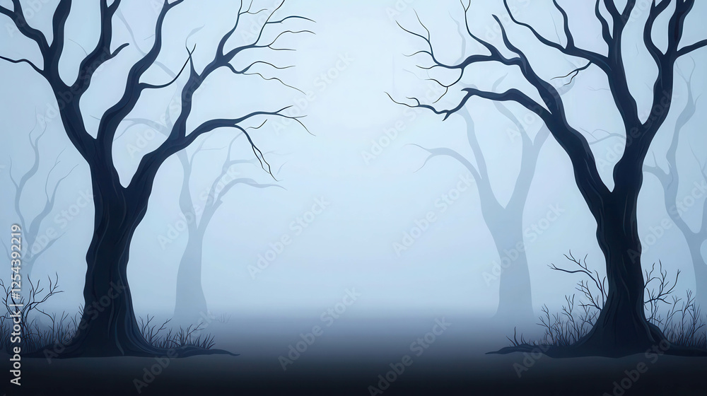 Poster twisted trees in ancient forest with misty atmosphere and ethereal background
