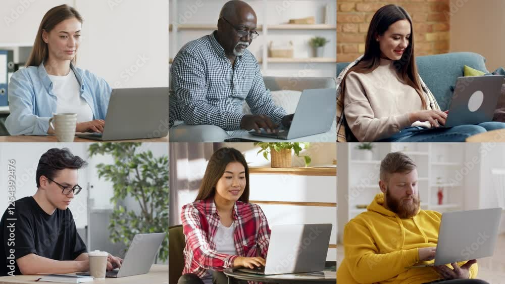 Poster a diverse group of individuals engages in remote work, each focused on their laptops in different ho