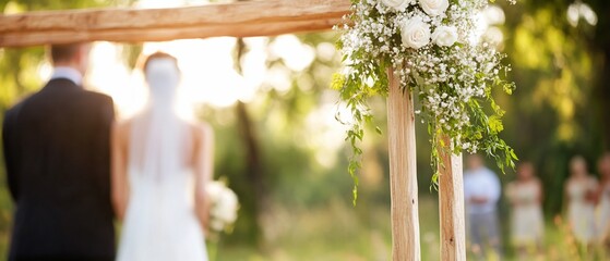 Outdoor wedding ceremony, couple in focus, guests blurred
