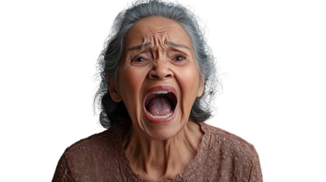 Senior woman shouting with transparent background: expressing fury and emotion