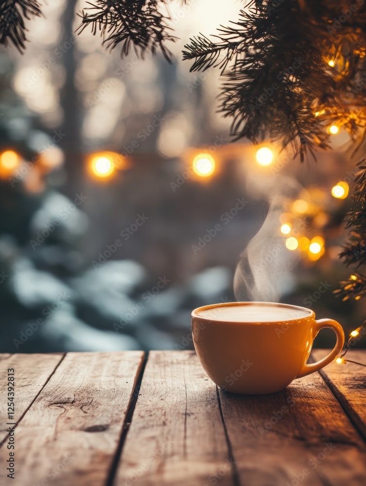 Poster warm coffee cup with steam rising on rustic wooden table in cozy setting during evening light. gener
