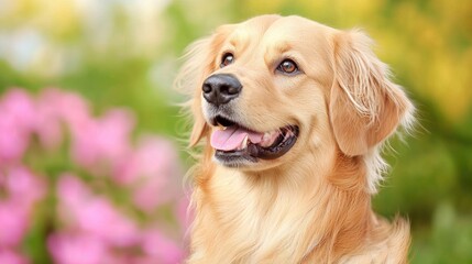 Golden Retriever in garden, happy, spring flowers. Pet website use
