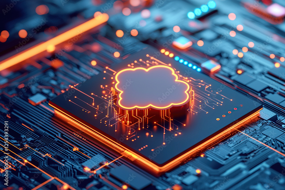 Aufkleber glowing cloud icon on futuristic circuit board represents cloud computing technology, showcasing adv