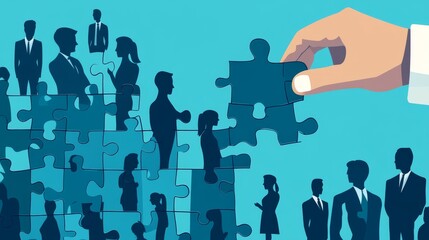 92.A vector illustration showing a businessmanâ€™s hand placing puzzle pieces with human silhouettes into a complete puzzle, symbolizing finding the right fit for job roles, set against a modern blue