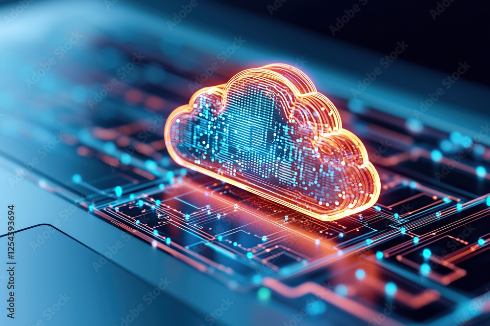 Aufkleber glowing digital cloud icon hovers over futuristic circuit board, symbolizing advanced cloud computin