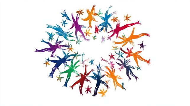 100.A minimalist vector design of a diverse team joining hands in a star-shaped pattern, conveying teamwork and commitment on a white background.