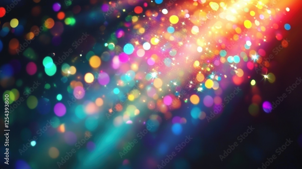 Poster beautiful iridescent light shimmering on a dark black background, creating a vibrant colorful glow a