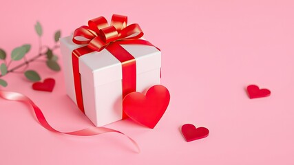 gift box , ribbon and heart romantic banner on pink background , e , valentine's day concept,