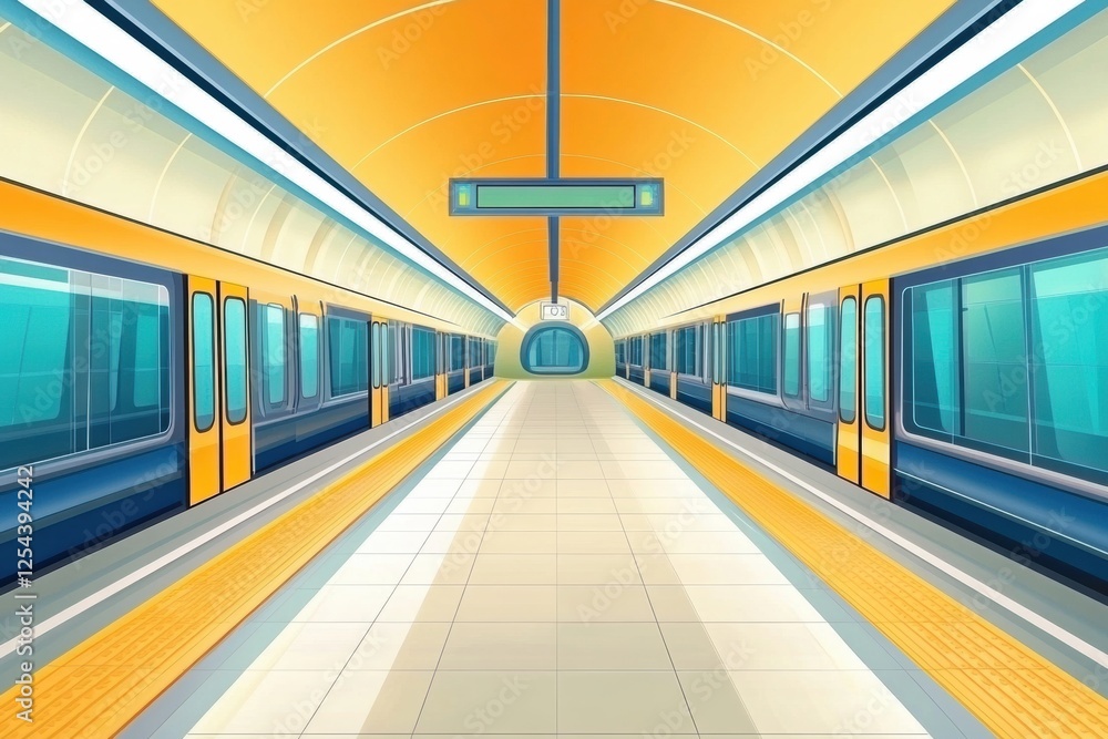 Poster metro station with bright yellow design and clear layout of subway transport on the underground plat