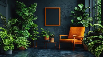 Cozy interior with an orange armchair surrounded by lush green plants in a stylish room