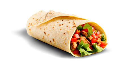 Delicious burrito filled with fresh ingredients on white background